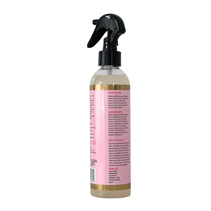 The Mane Attraction’s Nourishing Daily Hair Growth Moisture Mist for ALL Hair Types, Lightweight Moisturizer for Thicker, Longer Hair. Infused with Aloe Vera Juice, Sweet Almond Oil, and Honey. 8oz
