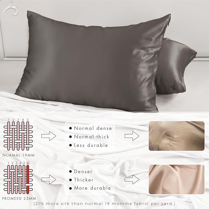 PROMEED Grey Silk Pillowcase Standard Size - Both Sides 23 Momme Grade 6A+Mulberry Silk Pillow Case Covers for Hair and Skin, Soft and Acne Free (Standard 20"x26", Grey)