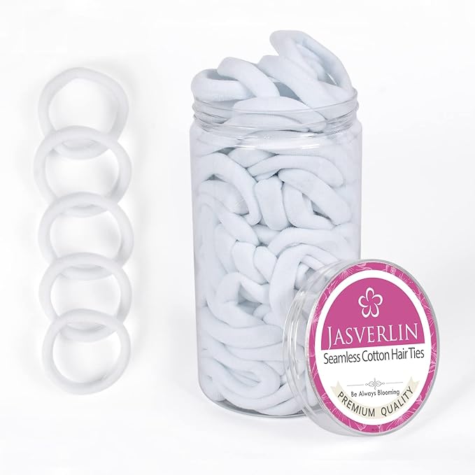 White Cotton Fabric Hair Ties, Soft Seamless Ponytail Scrunchies Elastic Bands for Women’s Braided Curly Thin Thick Hair No Damage Crease 1.5 Inch 100 pcs