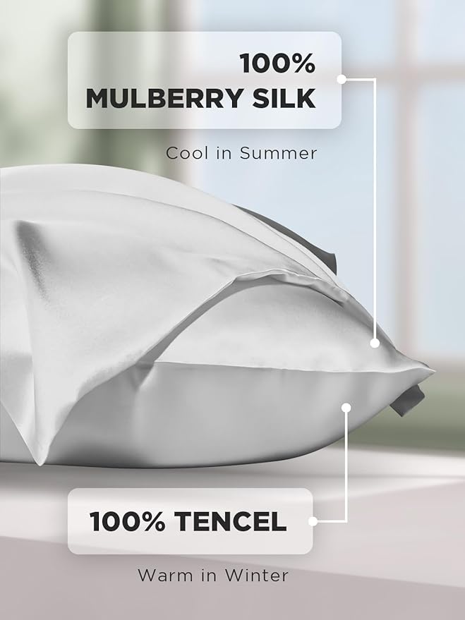 Mulberry Silk Pillowcase for Hair and Skin, SGMSILK 22 Momme Natural Silk Pillow Cases with Zipper, 6A Soft and Smooth Single Sided Pure Silk Pillow Cover (Light Gray, Queen 20"x30")