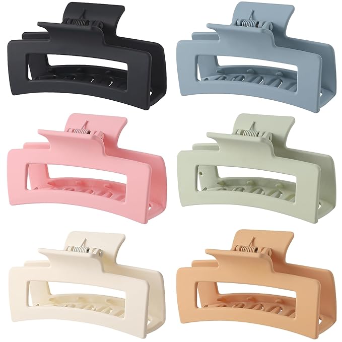 3.5 Inch Square Hair Clips for Women 6 Pack Hair Claw Clips Medium Claw Clips for Thick Thin Hair Rectangle Banana Jaw Hair Accessories for Women Girls -Basic