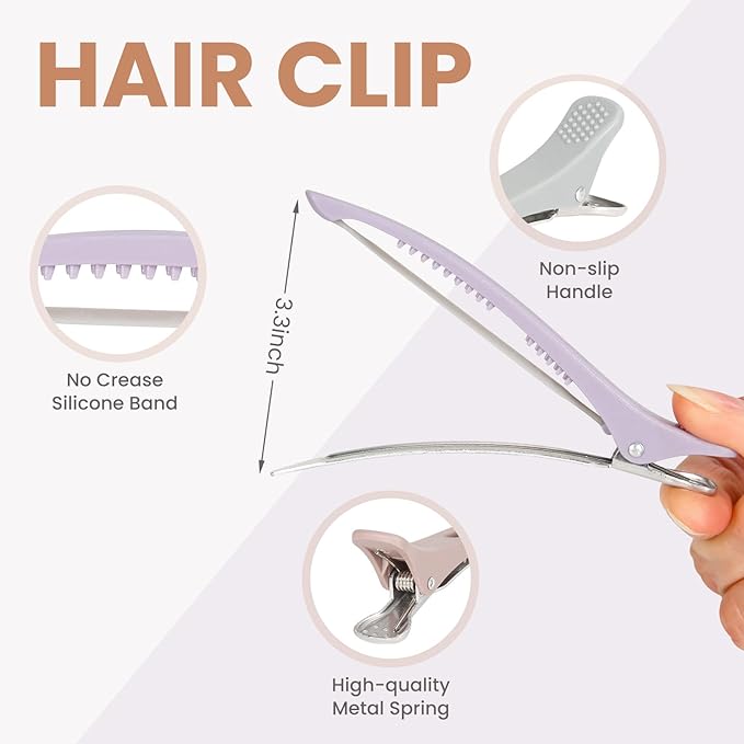 Hair Clips for Styling Sectioning - 6 PCS No Crease Hair Clips for Women - Non Slip Duck Billed Hair Roller Clips with Silicone Band - Salon Hair Sectioning Clips - Gray