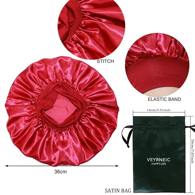 VEYRNEIC Hair Satin Bonnet for Sleeping Shower Caps Silk Chemo Caps with Wide Elastic Band Night Sleep Cap Bonnets for Black Women Braids with Satin Storage Bag (Wine Red)