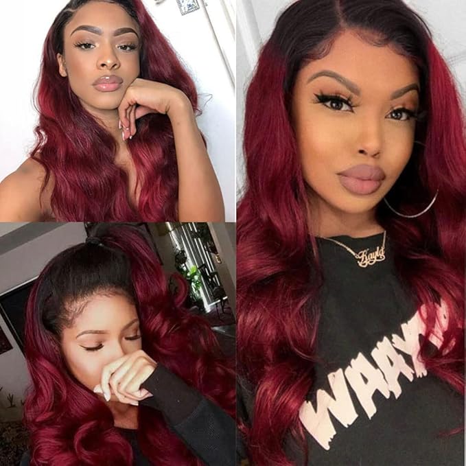 Ombre Human Hair Bundles Burgundy Body Wave Bundles Peruvian Virgin Remy Hair Extensions 22 24 26 Inch Niegmeag Double Weft 2 Tone Black and Red Body Wave Bundle 300g