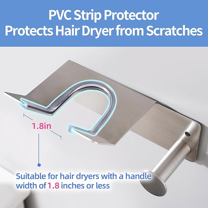 Hair Dryer Holder, Dyson Hair Dryer Holder, Blow Dryer Holder with Cord Hook SUS304 Stainless Steel Wall Mount, Self Adhesive/Screw Space Saving Hairdryer Holder for Bathroom Silver Ptalseaw
