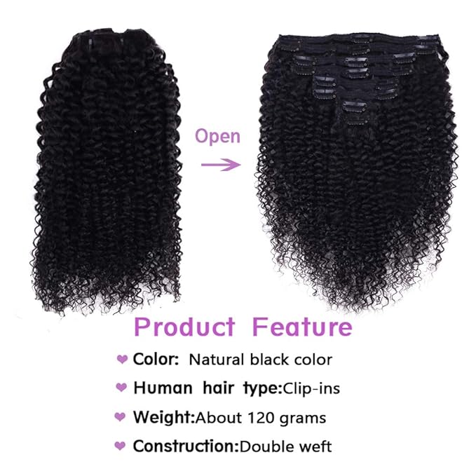 Curly Clip In Extension Human Hair 3C 4A Kinky Curly Clip Ins Full Head for Black Women Brazilian Remy Human Hair Natural Color 8Pcs with18clips 120g/Set (18 inch, curly wave)