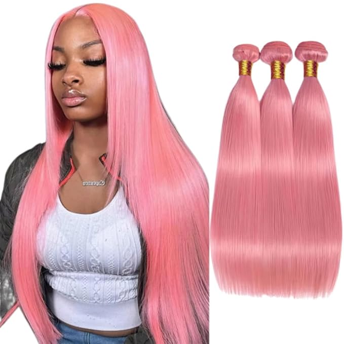 Pink Human Hair Bundles Light Pink Straight Bundles 20 22 24 Inch Niegmeag Hair Double Weft Unprocessed Brazilian Virgin Remy Hair Extensions 300g