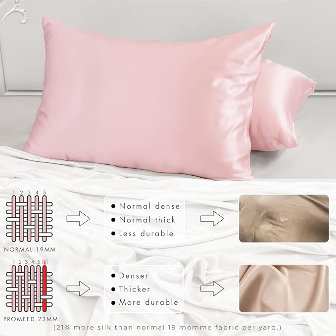 PROMEED 23 Momme Silk Pillowcase 2 Pack, Both Sides 100% 23 Momme Mulberry Silk Pillow Case Set of 2, Hidden Zipper Closure for Easy Set (Queen 20"x30", Pink)