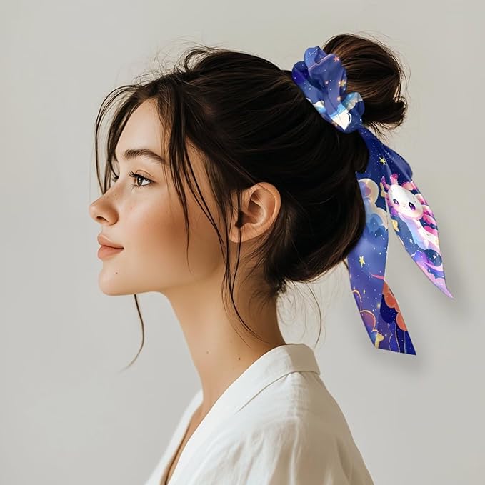 Starry Sky Axolotl Ribbon Bow Elastic Hair Ties for Women Daisy Ribbon Scrunchies Fashion Purple Knotted Bow with Long Tails Pack Of 2