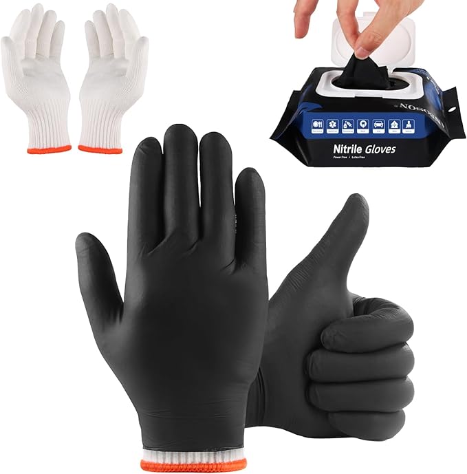 50 Disposable Black Nitrile Gloves, Heat Resistant Gloves for Cooking/BBQ/Cleaning, Powder Latex Frees Meat Food Prep Grilling Smoking Guantes - Large