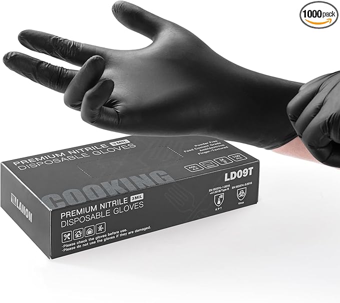 LANON Protection Food Safe Disposable Nitrile Gloves, Latex-Free, Powder-Free, Silicone-Free, Textured Fingertips, Cooking, Black，Large