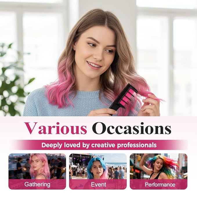 Festive Fun Hair Chalk Combs, 2026 New Chalk Hair Color for Girls, Temporary Wash out Hair Color Kids, Christmas Girl Gifts, Skin Safe Materials (6 colors)