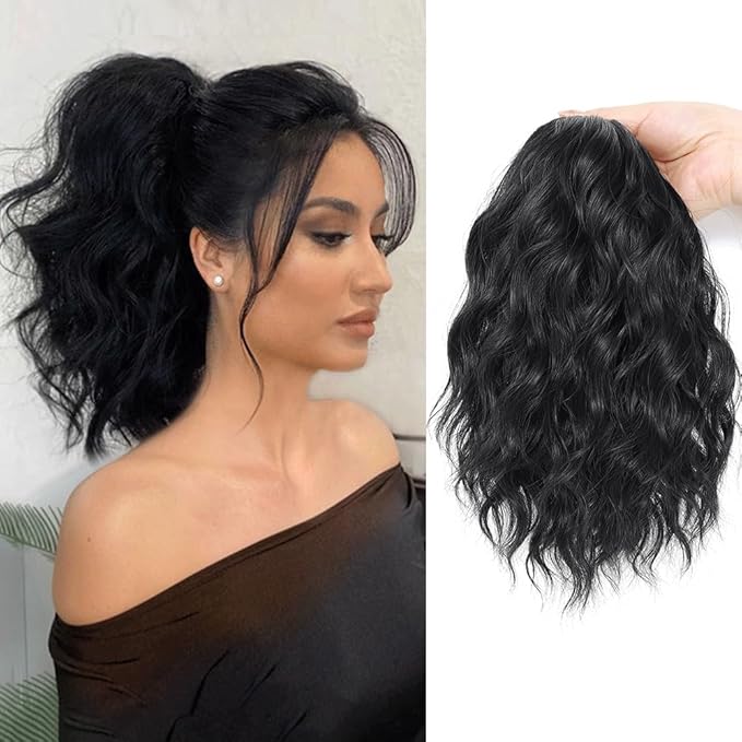 Ponytail Extension,12 Inch Drawstring Ponytail Hair Extensions for Women Synthetic Curly Wavy Fake Pony Tails Hair Pieces for Daily Party Use (1B)