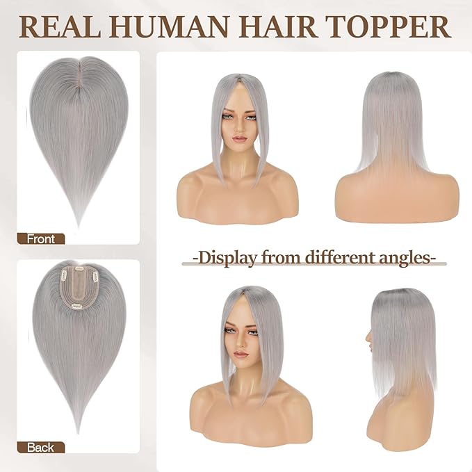 Rich Choices Hair Toppers for Women Real Human Hair 100% Human Remy Toppers NO Bangs for Women with Thinning on Top Clip in Hairpiece 4"x4.7"Lace Base 10 Inch Gray