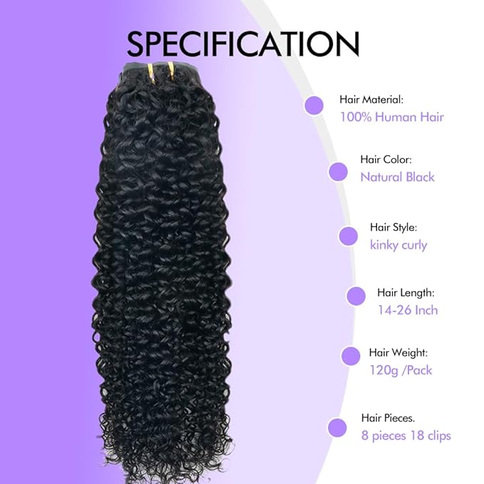 Seamless 3C 4A Kinky Curly Clip In Extension PU Weft Curly Clip in Extension Human Hair Clip Ins Full Head for Black Women Brazilian Remy Human Hair Natural Color 8Pcs with18clips 120g/Set (24 inch)