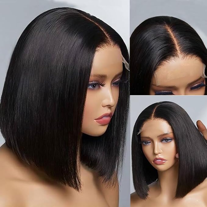 Wear and Go Glueless Bob Wig, 10 Inch, 180% Density, Human Hair, Natural Black, No Shedding, No Tangle, Adjustable Elastic Cap