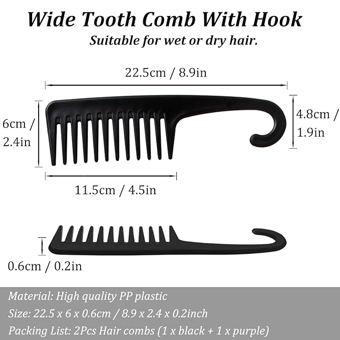 2PCS Large Wide Tooth Comb, Shower Combs with Hook for Wet Curly Hair, Premium Big Hair Brush Combs to Detangle Curls, Women Detangler Comb for Detangling Wigs, Styling Dry Thick Long Cabello