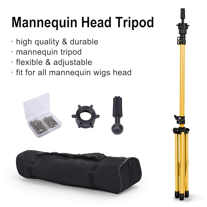 Klvied Reinforced Wig Head Stand, Adjustable Wig Stand tripod for Cosmetology Hairdressing, Metal Mannequin Head Stand for Styling,Golden Yellow(Mannequin Head Not Included)