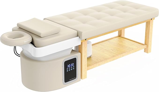 pouseayar Stationary Head Spa Massage Table with Water Cycle & Fumigation Salon Equipment for Beauty Head Spa Physical Therapy Massage, Wood Frame, Beige Gray PU Leather