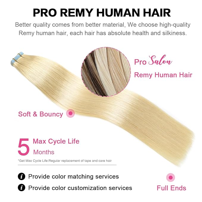 SUYYA Tape in Hair Extensions Bleach Blonde 100% Real Human Hair 24 inches 20pcs 50g/pack Straight Seamless Skin Weft Tape in Hair Extensions Human Hair Bleach Blonde(24 inches #613 Bleach Blonde)