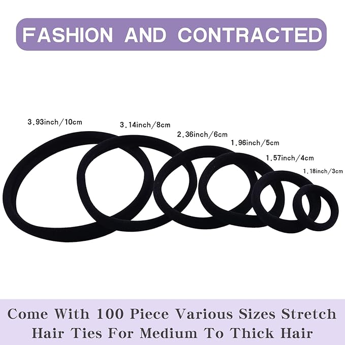 100PCS Various Sizes Black Hair Ties for Women,Elastics Hair Ties No Damage Ponytail Holder for Thick/Thin Hair Accessories,Soft Cotton Cloth Seamless Hair Bands