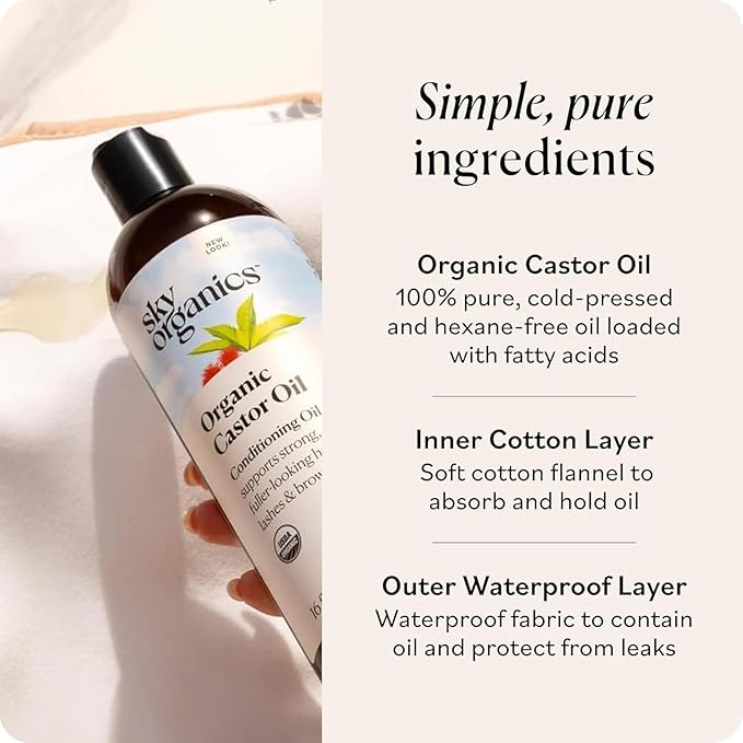 Sky Organics 16oz Castor Oil w/Wraps | Reusable Organic Castor Oil Pack to Boost Body's Wellness, Encourage Rest & Relaxation | Adjustable Elastic Straps Cotton Durable Easy to Use