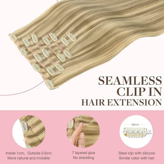 GOO GOO Clip in Hair Extensions Real Human Hair, Remy Human Hair Extensions Clip ins for Women, Natural Human Hair, 20inch 110g 7Pcs, 16/22 Light Blonde Highlighted Golden Blonde