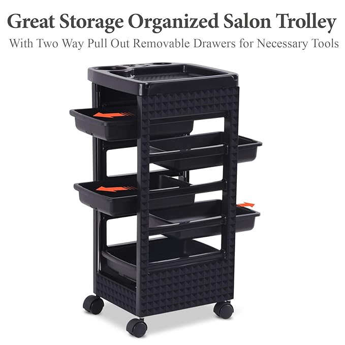 Paddie Black Salon Trolley Cart with Wheels/5 Drawers/Dryer Holder/Tint Bowl Slot for Hair Stylist, Beauty Equipment