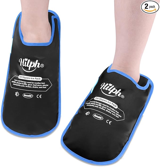 Hilph Foot Ice Pack Slippers for Plantar Fasciitis, 2 Packs - Reusable Hot & Cold Packs, Gel Ice Slippers for Foot, Broken Toes, Gout, Surgery, Neuropathy, Diabetic, Swollen, Black
