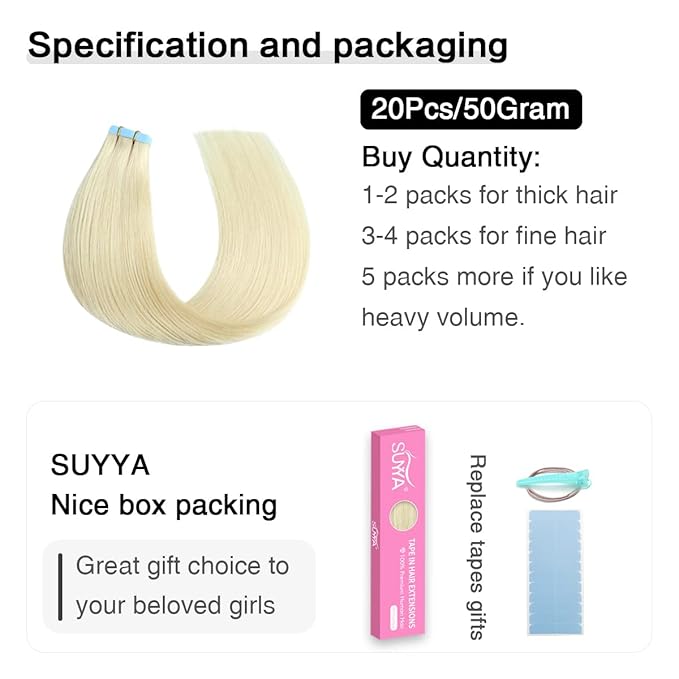 SUYYA Tape in Hair Extensions Human Hair Platinum Blonde 18 Inch 50g/pack 20pcs Straight Seamless Skin Weft Tape in Real Human Hair Extensions(18inch #60)