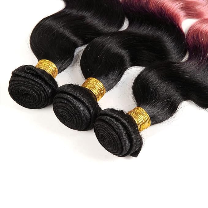 Ombre Bundles Human Hair 1Bpink Body Wave Bundle Brazilian Virgin Remy Hair 3 Bundles 26 28 30 Inch Double Weft 2 Tone Black and Pink Body Wave Bundle Hair Weave 300g