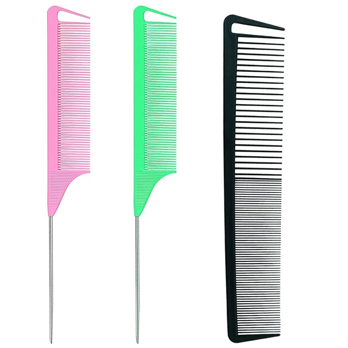 3-in-1 Rat Tail & Pintail Comb Set - Carbon Fiber & Stainless Steel for Braids, Barber Styling, Salon & Home Use (Black, Pink, Green)