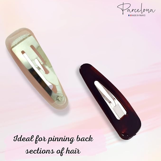Parcelona French Mini Set of 4 Small Celluloid Acetate Snap Hair Clips No Slip Fashion Durable Styling Women Hair Accessories Girls Snap Hair Barrette, Made in France (Blush Pink-Shell Brown)