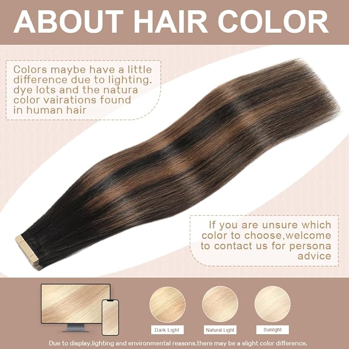 Tape in Hair Extensions Real Human Hair 24 Inch Balayage Natural Black Mixed Chestnut Brown Tape for Skin Weft Hair Extension Invisible Tape in Hair Extensions Straight Remy Human Hair for Women 20pcs