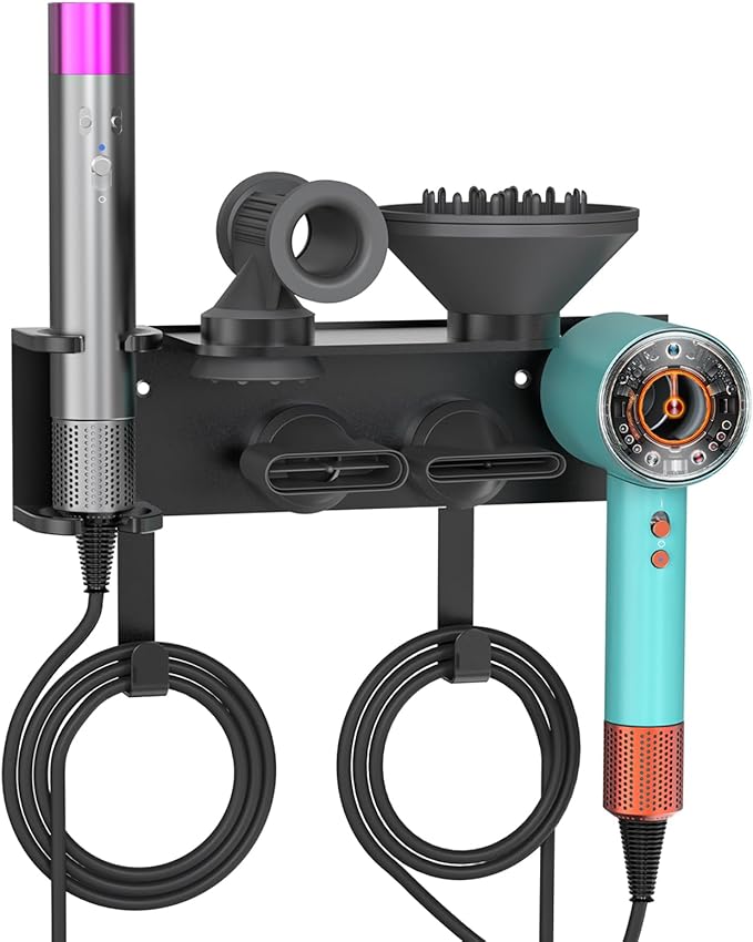 Affogato Hair Dryer Holder Wall Mount Compatible with Dyson Supersonic HD16 Airwrap Straightener, 2 in 1 Airstrait Organizer Stand, Metal Blow Dryer Attachments Storage Rack for Bathroom and Salon