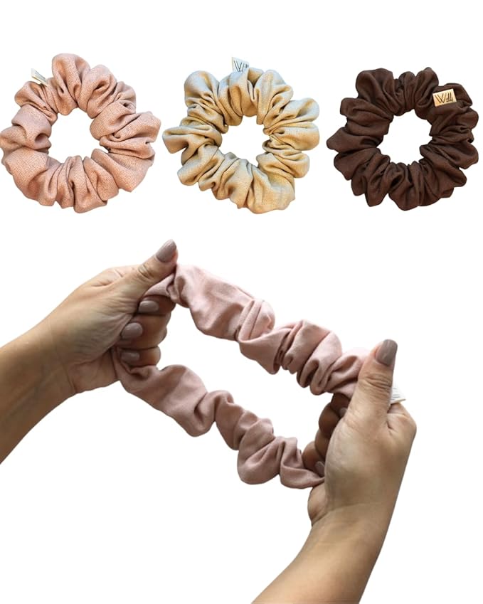 Handmade Linen Scrunchie Bundle for Women – Set of 3 Neutral Hair Ties – 100% Linen Fabric, Gentle on Hair, Woman Gift Set (Mocha)