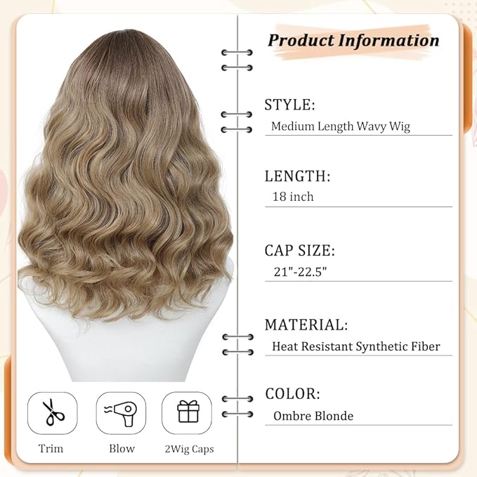 Ombre Blonde Wig for Women, 18 Inch Middle Part Wavy Curly Wigs Synthetic Heat Resistant Soft deep wave Wig for Women Daily Use (Ombre Blonde, 18 Inch)