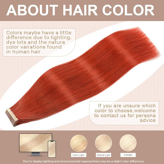Tape in Hair Extensions Real Human Hair 24 Inch Copper Red Tape for Skin Weft Hair Extension Invisible Tape in Hair Extensions Straight Remy Human Hair for Women 20pcs
