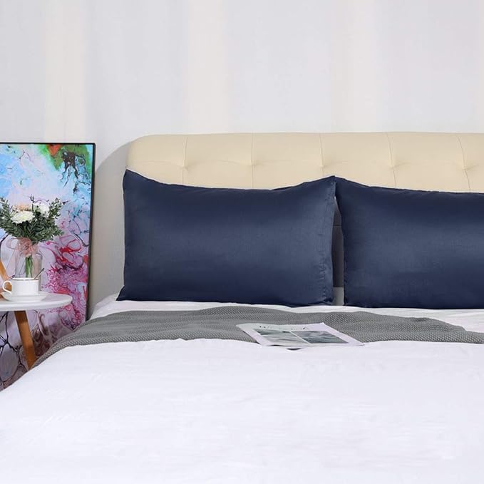uxcell 2 Pack Silk Satin Pillowcase for Hair and Skin, Cool, Silky, Soft Breathable Pillow Cases Travel Size 14x20 Inch Sateen Pillowcase Navy with Envelope Closure