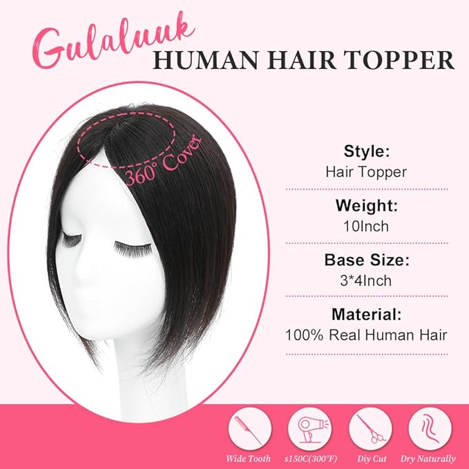 Hair Toppers for Women Real Human Hair Topper for Women with No Bangs Hairpieces Comfortable and Breathable 10 Inch Swiss Base 3D 360°Cover Glue-free and Shedding Free (Natural Black)