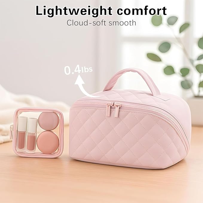 Cosmetic Bag for Travel, Large Capacity Pouch Purse Organizer, Waterproof Puffy Padded Make Up Toiletry Bag for Women (White)