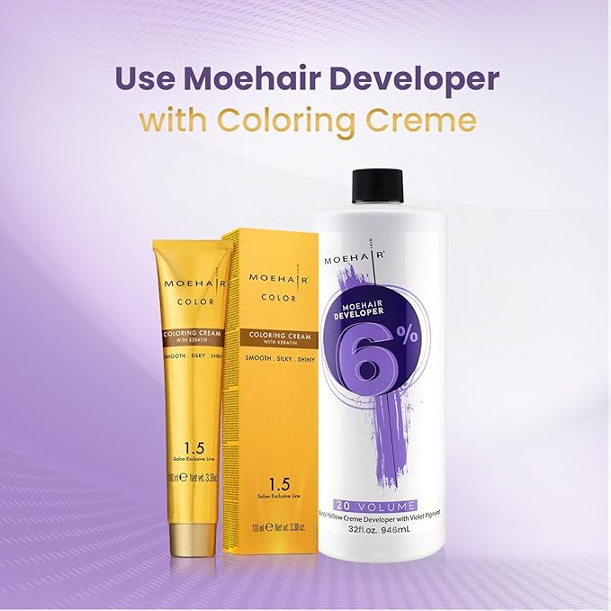 MOEHAIR Hair Color Developer 6% Hydrogen Peroxide | 20 Volume Cream Developer for Hair Coloring and Bleaching | Advanced Anti-Yellow Action | Salon-Grade | Paraben-Free – 32 Fl. Oz (Pack of 2)