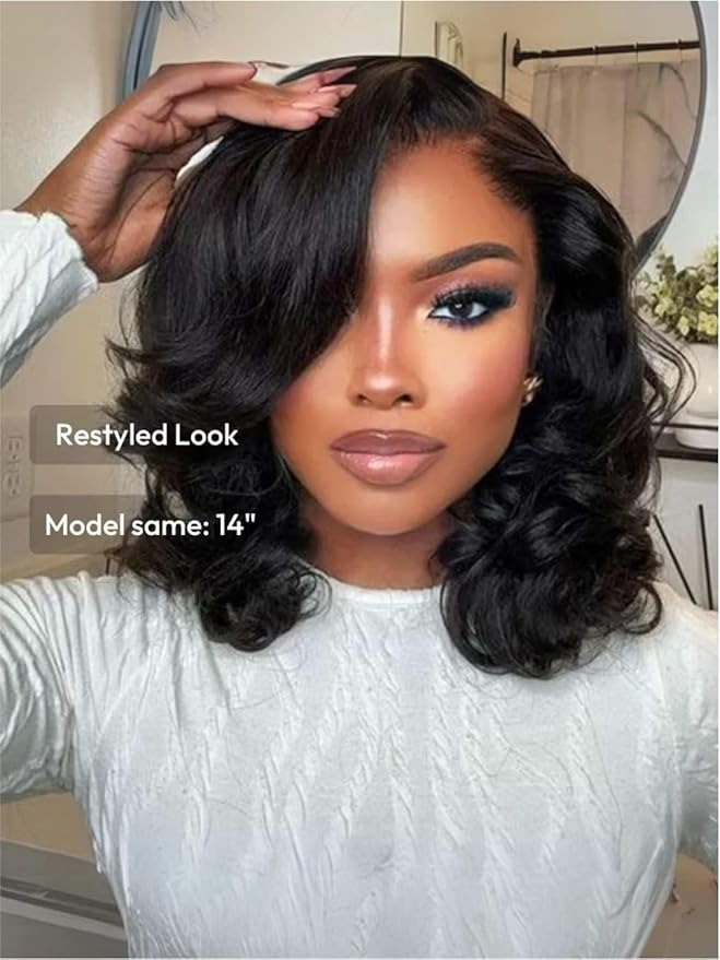 YIROO Bye Bye Knots 7x5 Lace Straight Bob Wig Glueless Human Hair Wig with Elastic Drawstring,Pre Plucked Pre Cut Short Bob Lace Closure Wig Wear and Go Natural Color 150% Density 14Inch