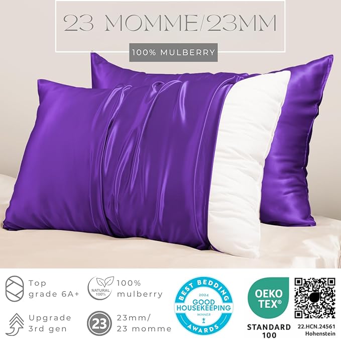 PROMEED Upgraded Grade 6A+ Purple Silk Pillowcase with Zipper, 23 Momme Natural Mulberry Silk Pillow Cases for Hair and Skin - Easy Care with Laundry Bag (Standard 20"x26", Purple)