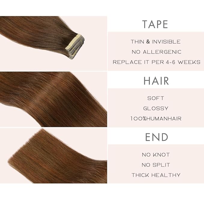 Tape in Hair Extensions Real Human Hair 24 Inch Chestnut Brown Mixed Dark Auburn Double Sided Tape for Skin Weft Hair Extension Invisible Tape in Hair Extensions Human Hair 20pcs (4/4/33#,24 Inch)