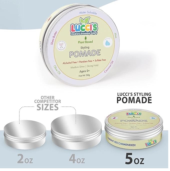 LUCCI’S CHILDRENS GROOMING SUPPLY Baby Hair Gel – 5oz Plant-Based Styling Hair Pomade for Infants – No Parabens or Sulphates – Medium Shine and Strong Hold Hair Paste for Kids