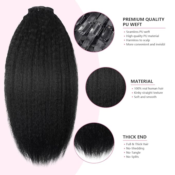 Seamless Clip In Hair Extensions Human Hair Invisible Pu Skin Weft Kinky Straight Seamless Clip Ins For Black Women Real Human Hair Extensions 8pcs With 18clips Per Set 120g (26inch,Natural Black)