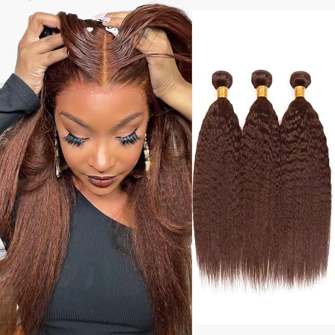 Brown Kinky Straight Bundles Color 4 Human Hair Bundle Brazilian Virgin Remy Hair 3 Bundles 14 16 18 Inch Niegmeag Double Weft Soft and Silky Color 4 Yaki Straight Bundle Hair Weave 300g
