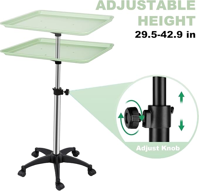 Salon Rolling Tray, Height Adjustable Tattoo Tray Rolling Cart, Storage Utility Trolley for Spa, Beauty Salon Service, Hairdresser Cart with Wheels, Black (Green)