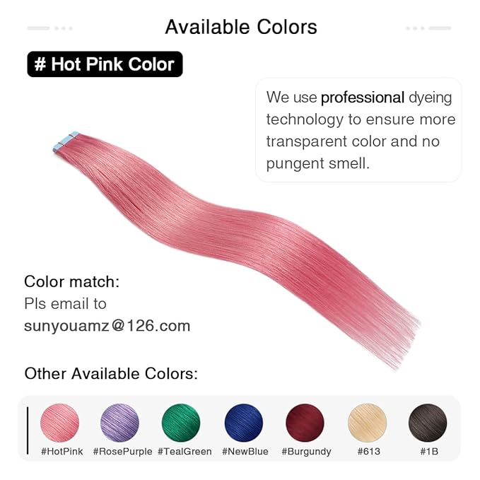SUYYA Tape-in Hair Extensions - Human Hair Hot Pink 14 Inch Straight Tape Extensions 10PCS/Pack 20g